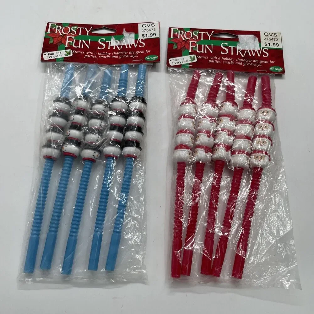 Vintage Frosty Fun Straws Christmas Straws Sealed Santa Snowman 2 Packs 10 NOS